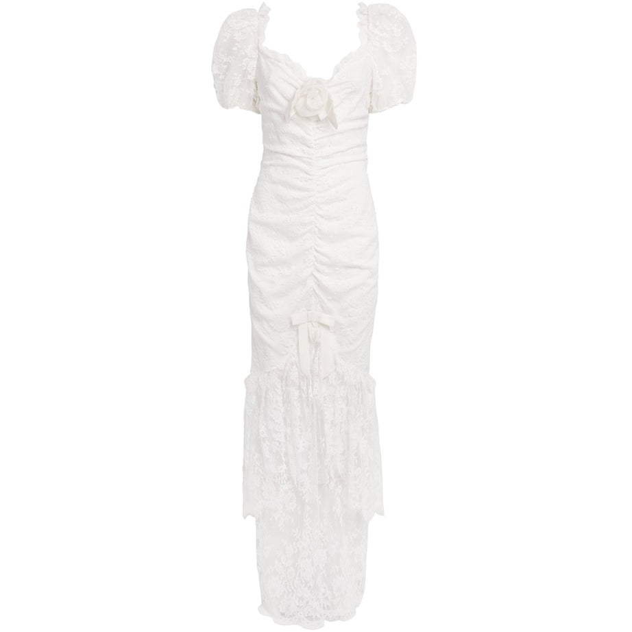 Alessandra Rich White Lace Rose-Detail Maxi Dress