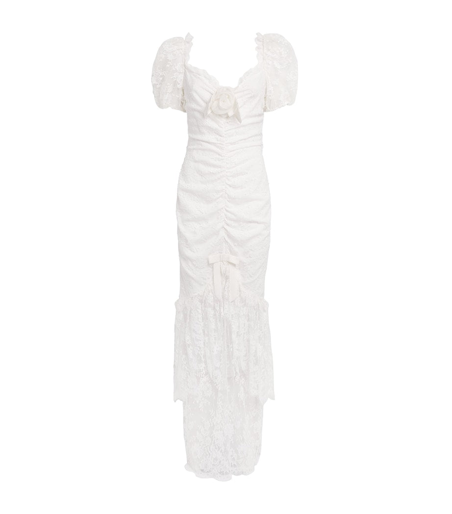 Alessandra Rich White Lace Rose-Detail Maxi Dress