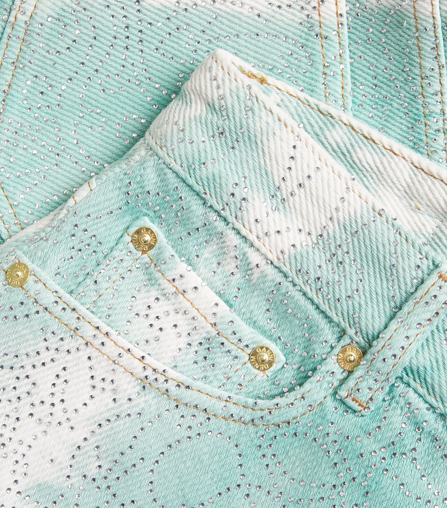 Green Embellished Washed Denim Shorts