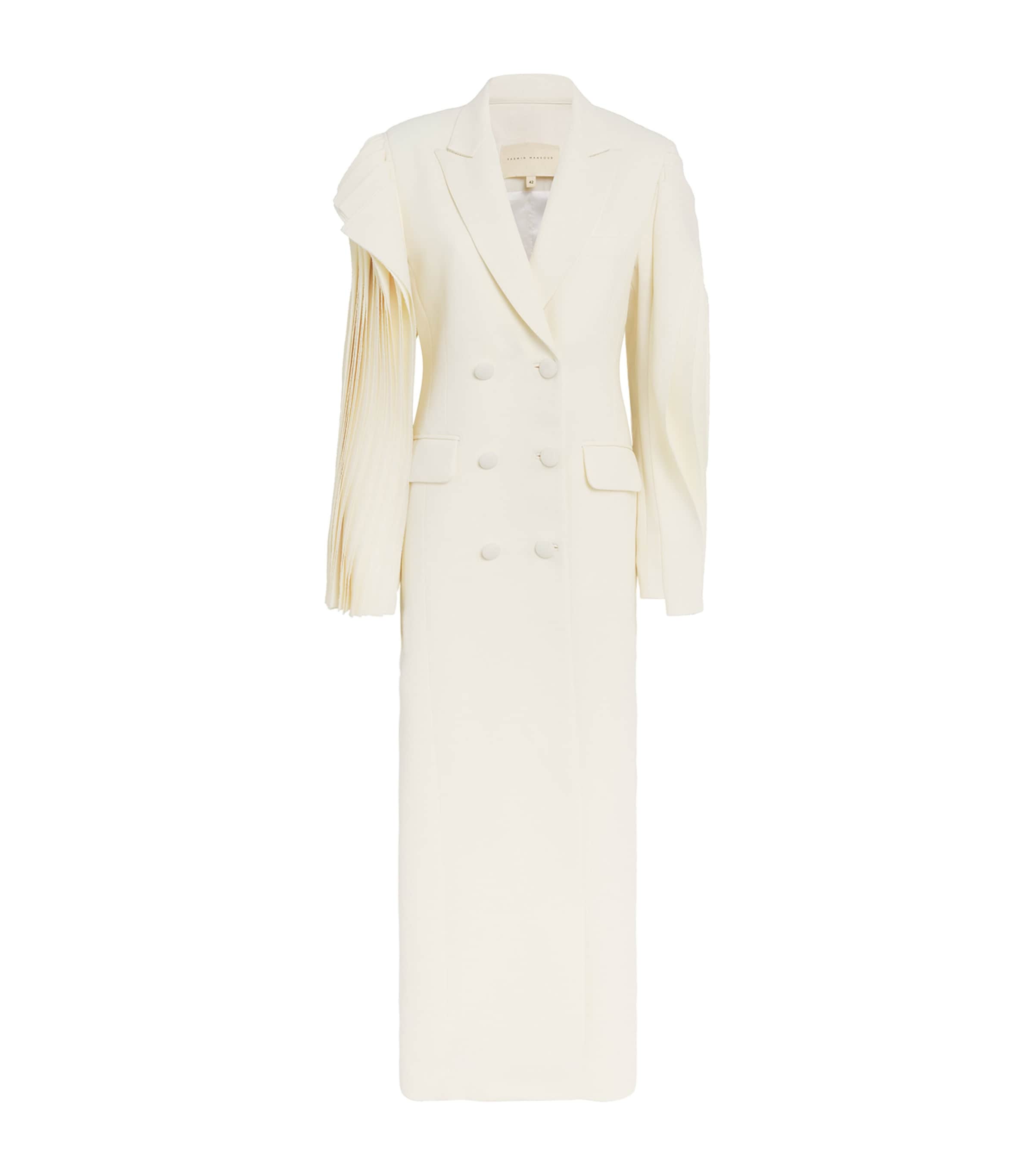Yasmin Mansour Ivory Pleated Double-Breasted Blazer Maxi Dress