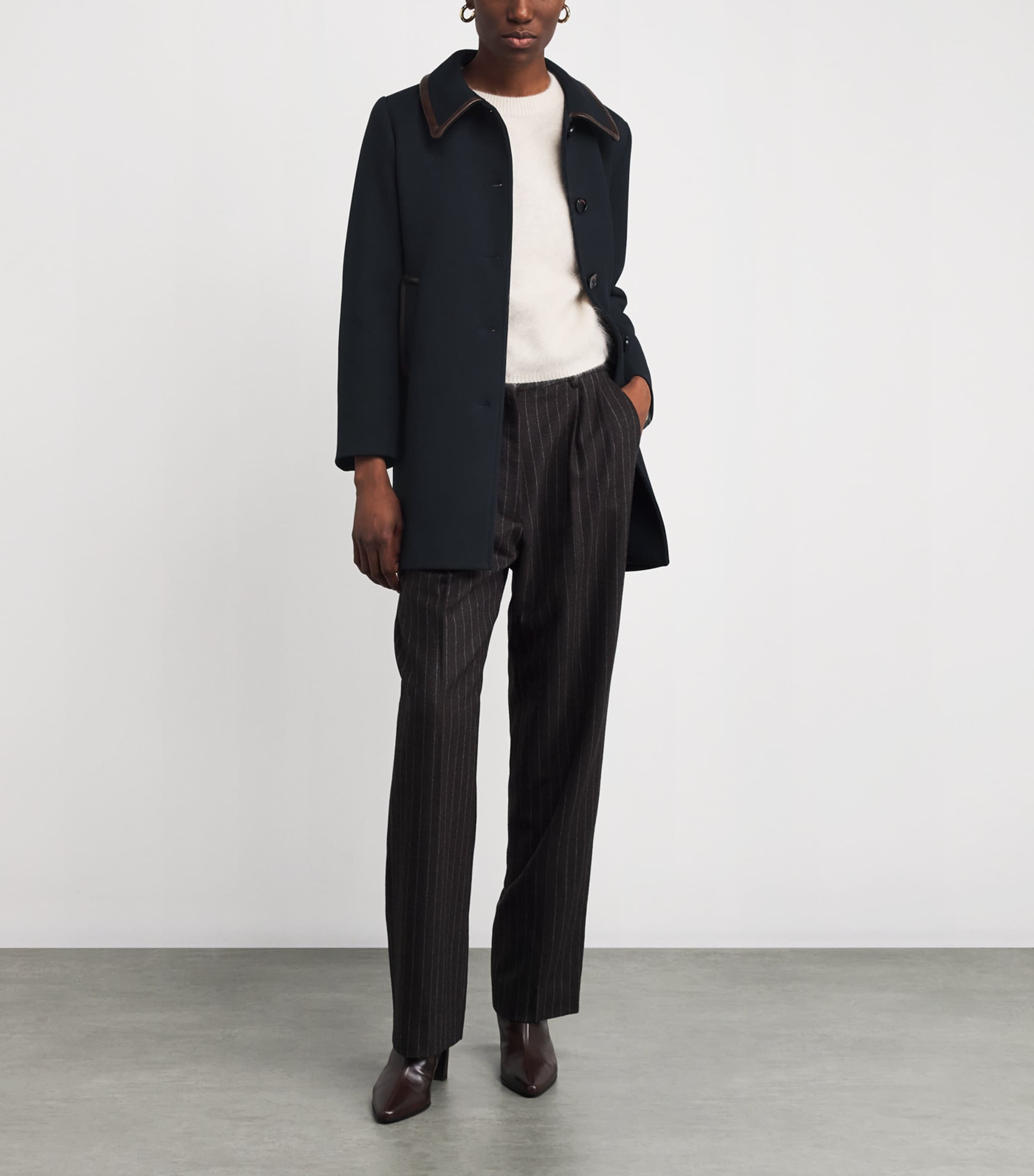 Twill Leather-Trim Coat NAVY BLUE