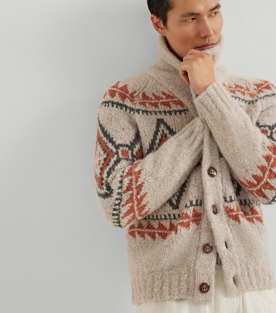 White Alpaca-Blend Jacquard Cardigan