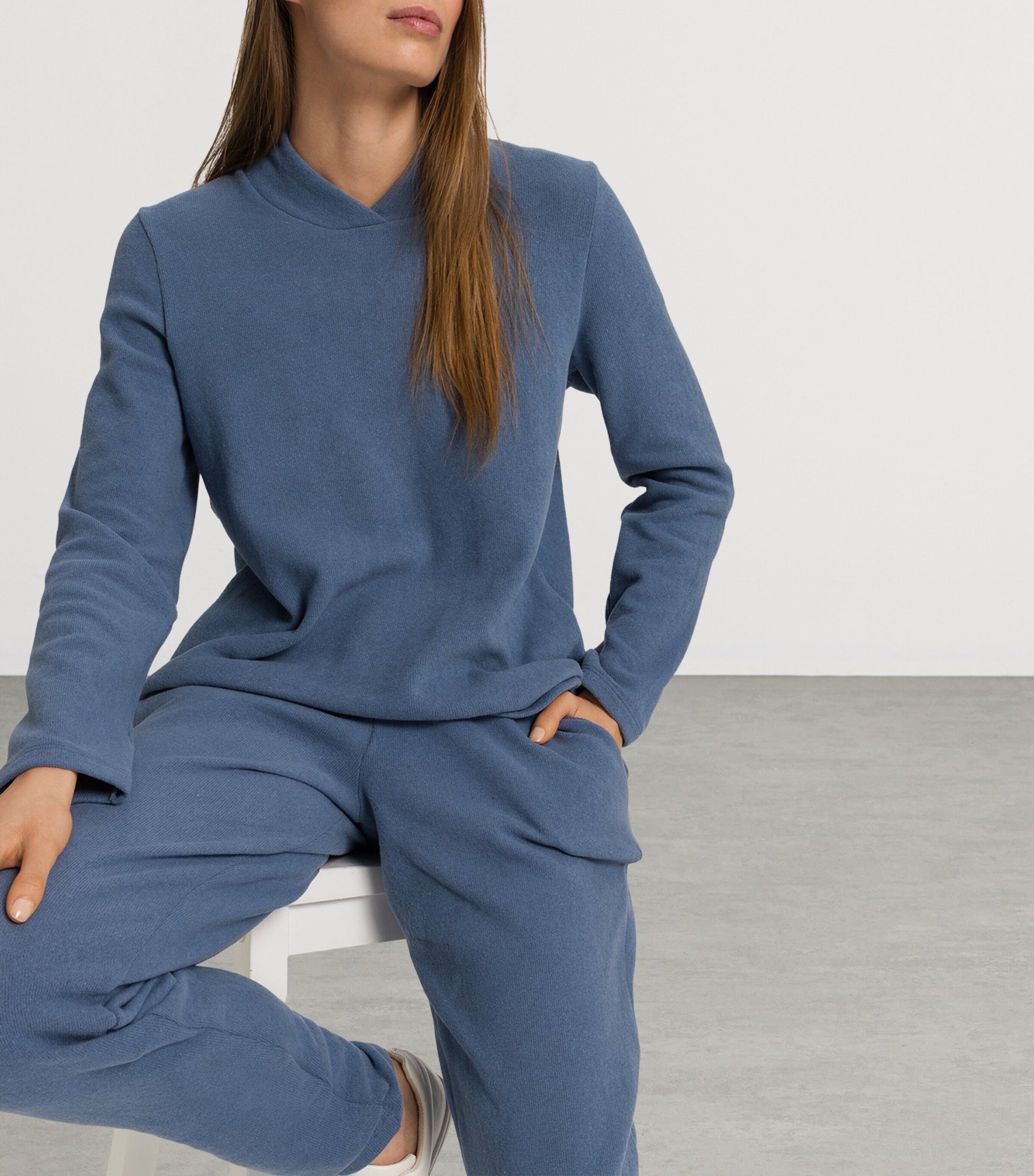 Blue Cotton-Blend Easy Wear Pullover