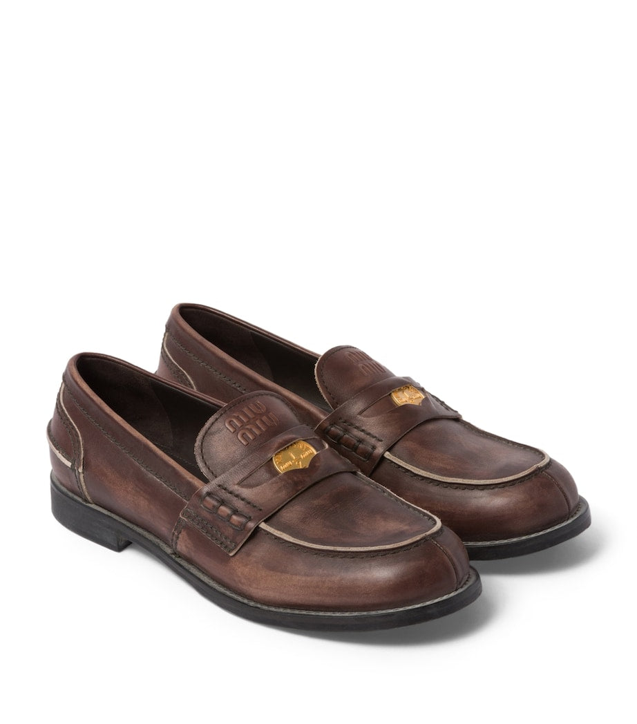 Miu Miu Brown Leather Vintage-Effect Loafers