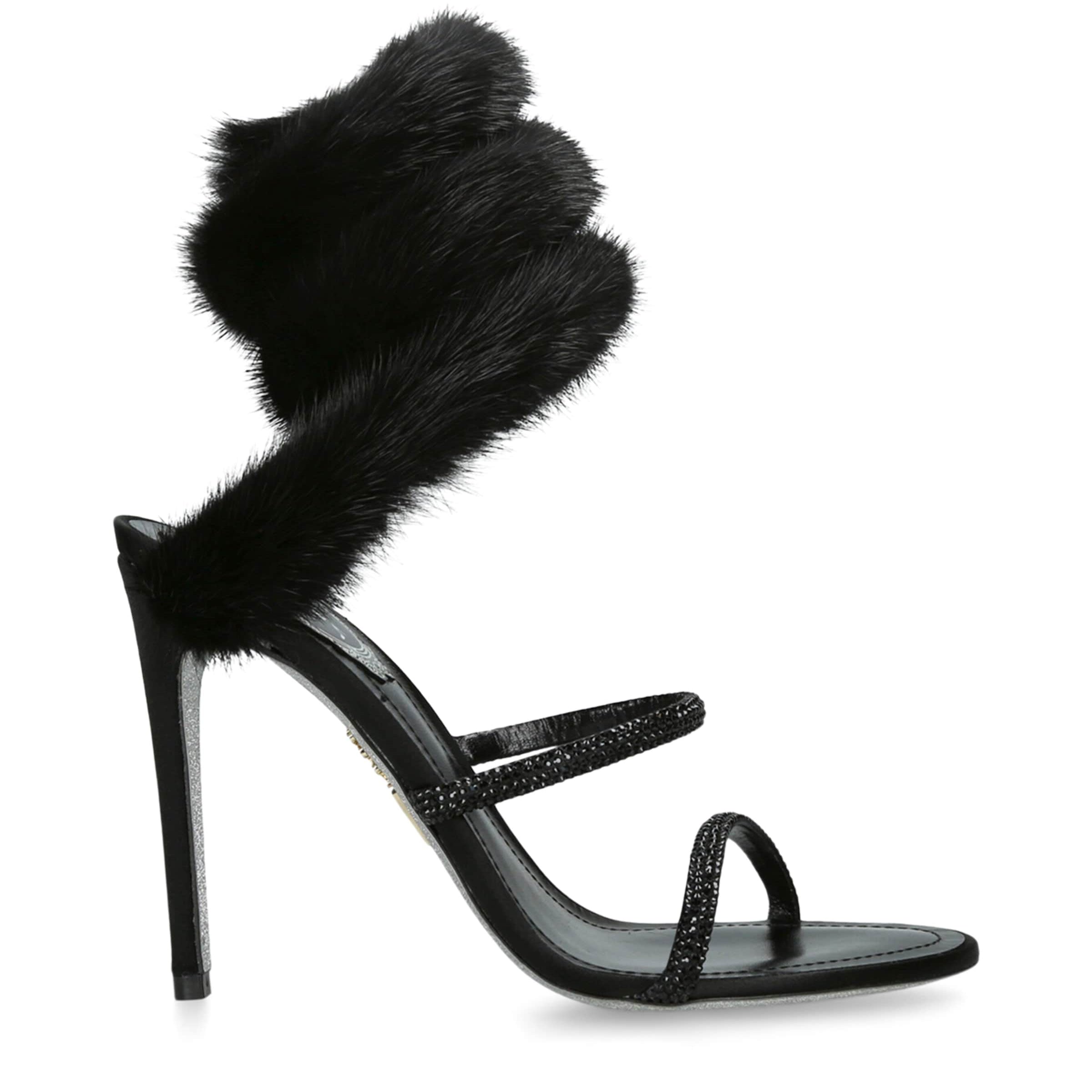 René Caovilla Black Fur-Trim Cleo Sandals 105