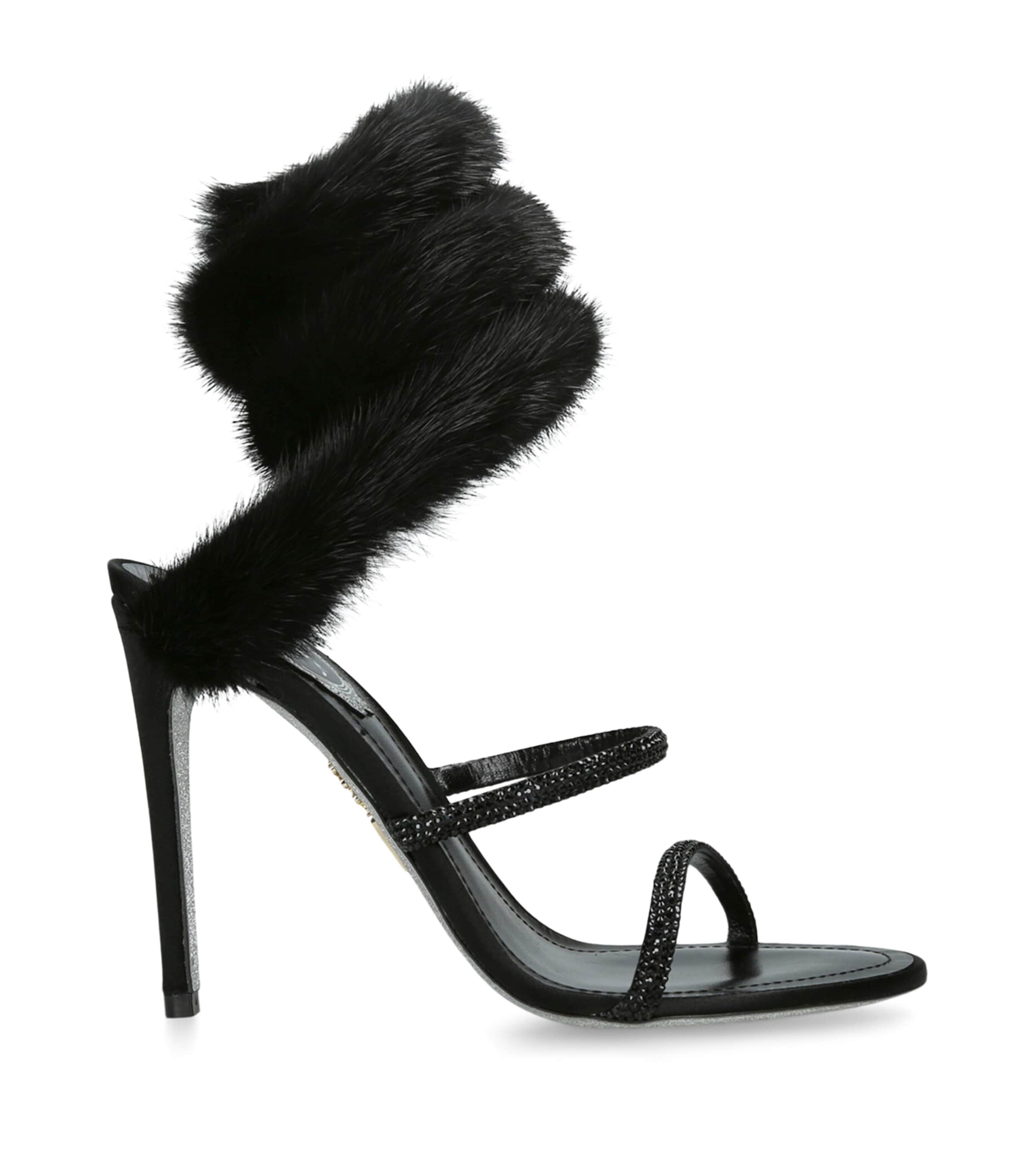 René Caovilla Black Fur-Trim Cleo Sandals 105
