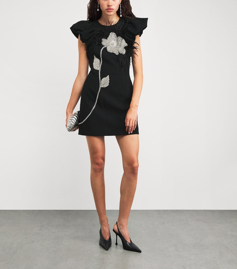 Rebecca Vallance Black Crepe Feather-Trim Starlight Mini Dress