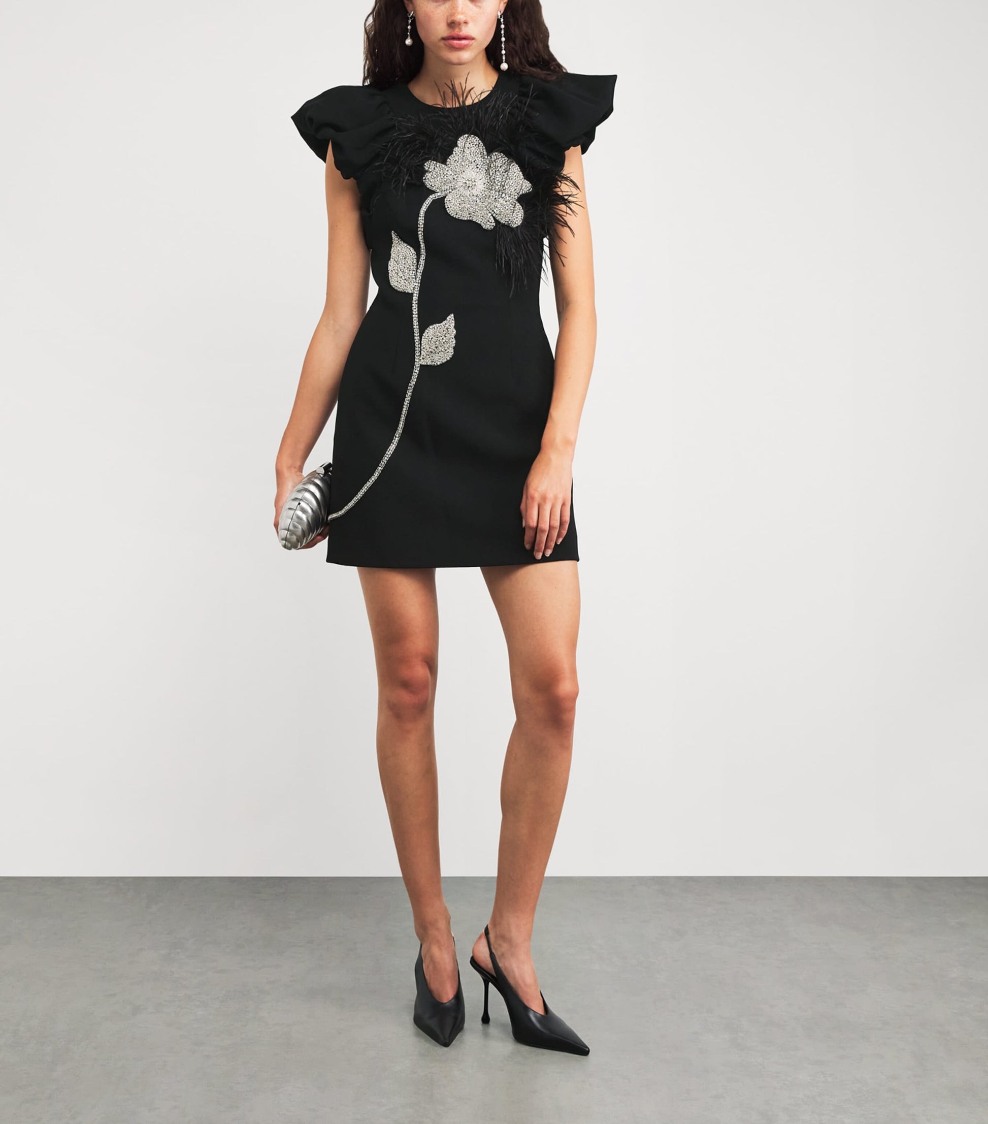 Rebecca Vallance Black Crepe Feather-Trim Starlight Mini Dress