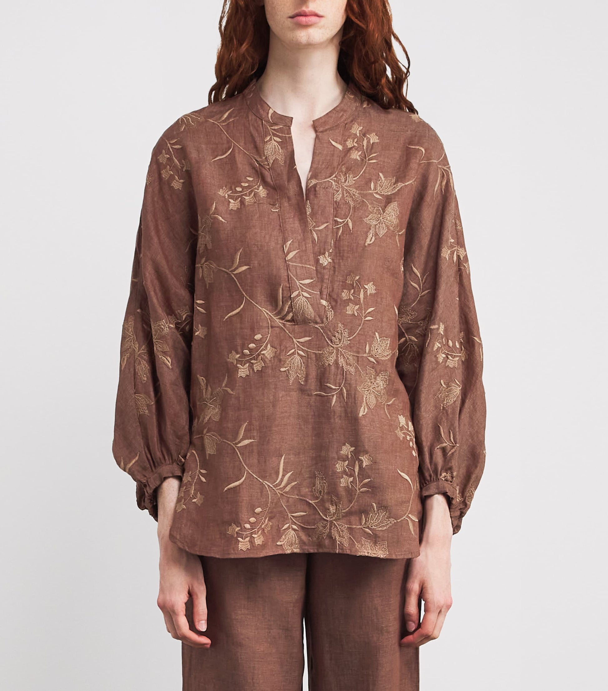 Eleventy Beige x Harrods Linen Floral-Embroidered Blouse