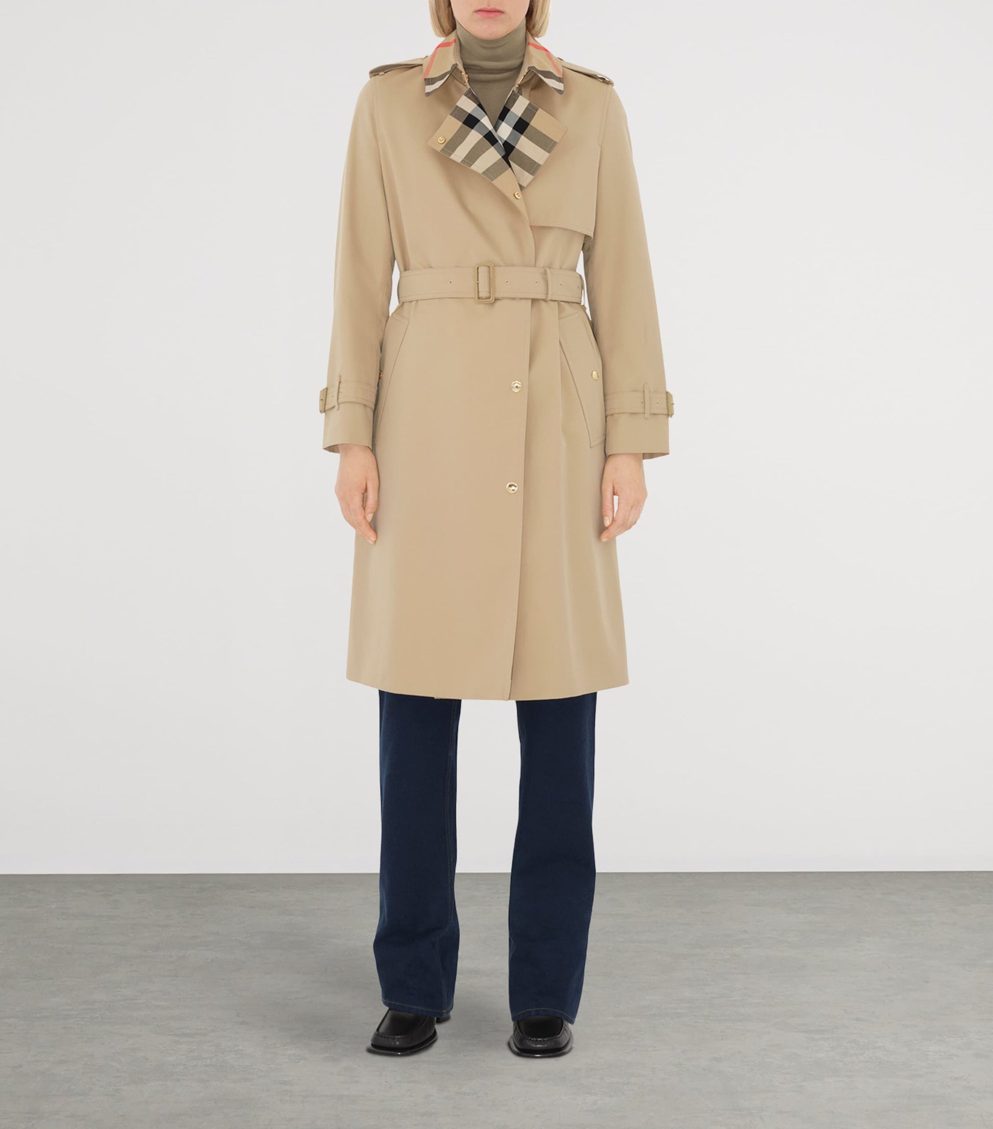 Burberry Beige Cotton Gabardine Check-Collar Trench Coat