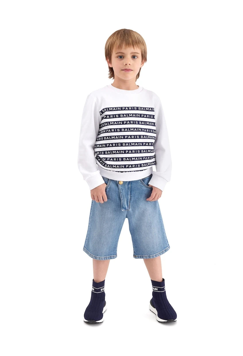 Balmain Kids - سويت شيرت من قطن الجيرسي بشعار الماركة