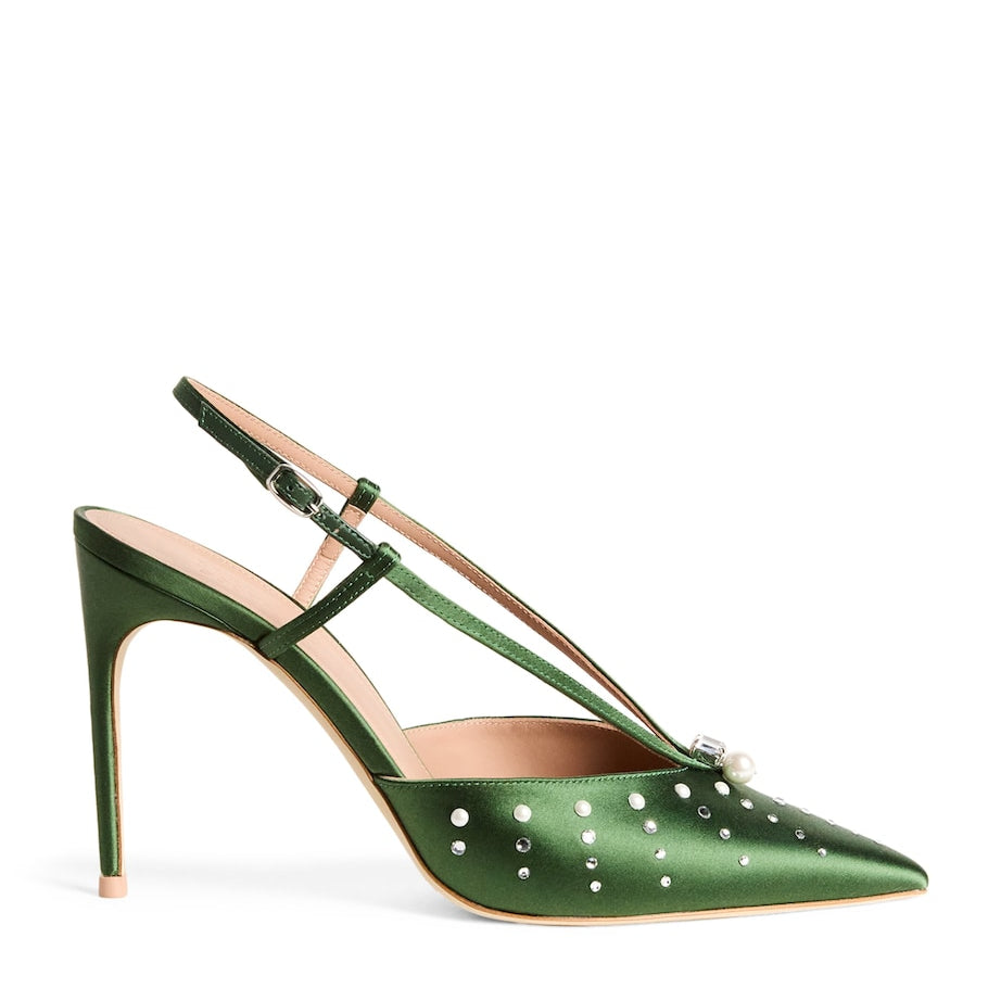 Malone Souliers Green Satin Moore Slingback Pumps 90