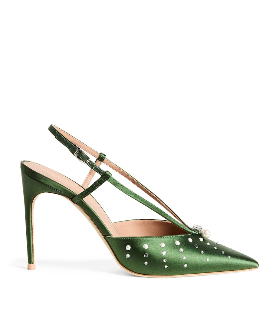 Malone Souliers Green Satin Moore Slingback Pumps 90