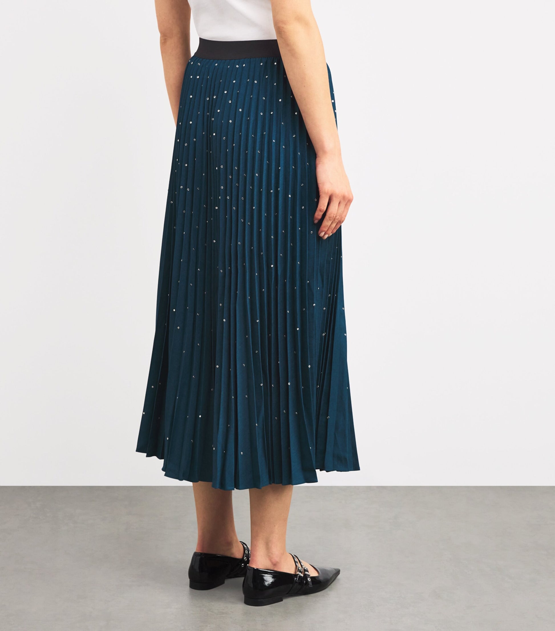 Blue Rhinestone Pleated Midi Skirt