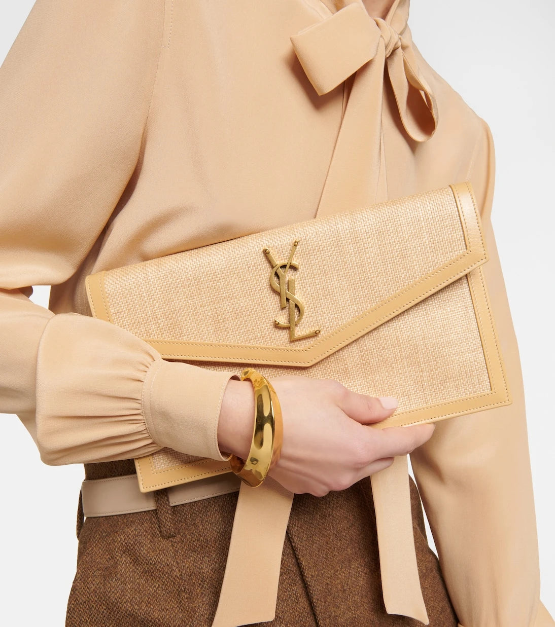 Saint Laurent - Uptown leather-trimmed raffia clutch