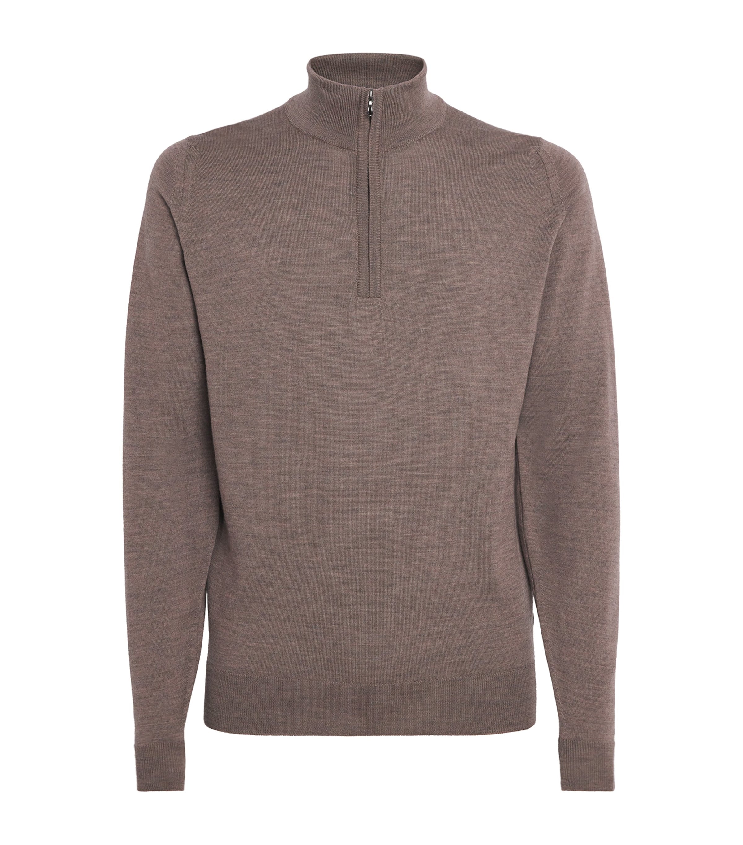 John Smedley Brown Extra Fine Merino Wool Half-Zip Tapton Sweater