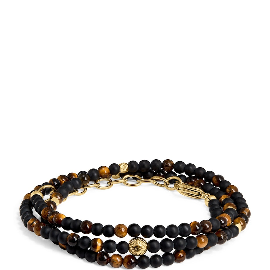 Gold-Plated Stainless Steel, Brown Tiger Eye and Matte Onyx Beaded Bracelet