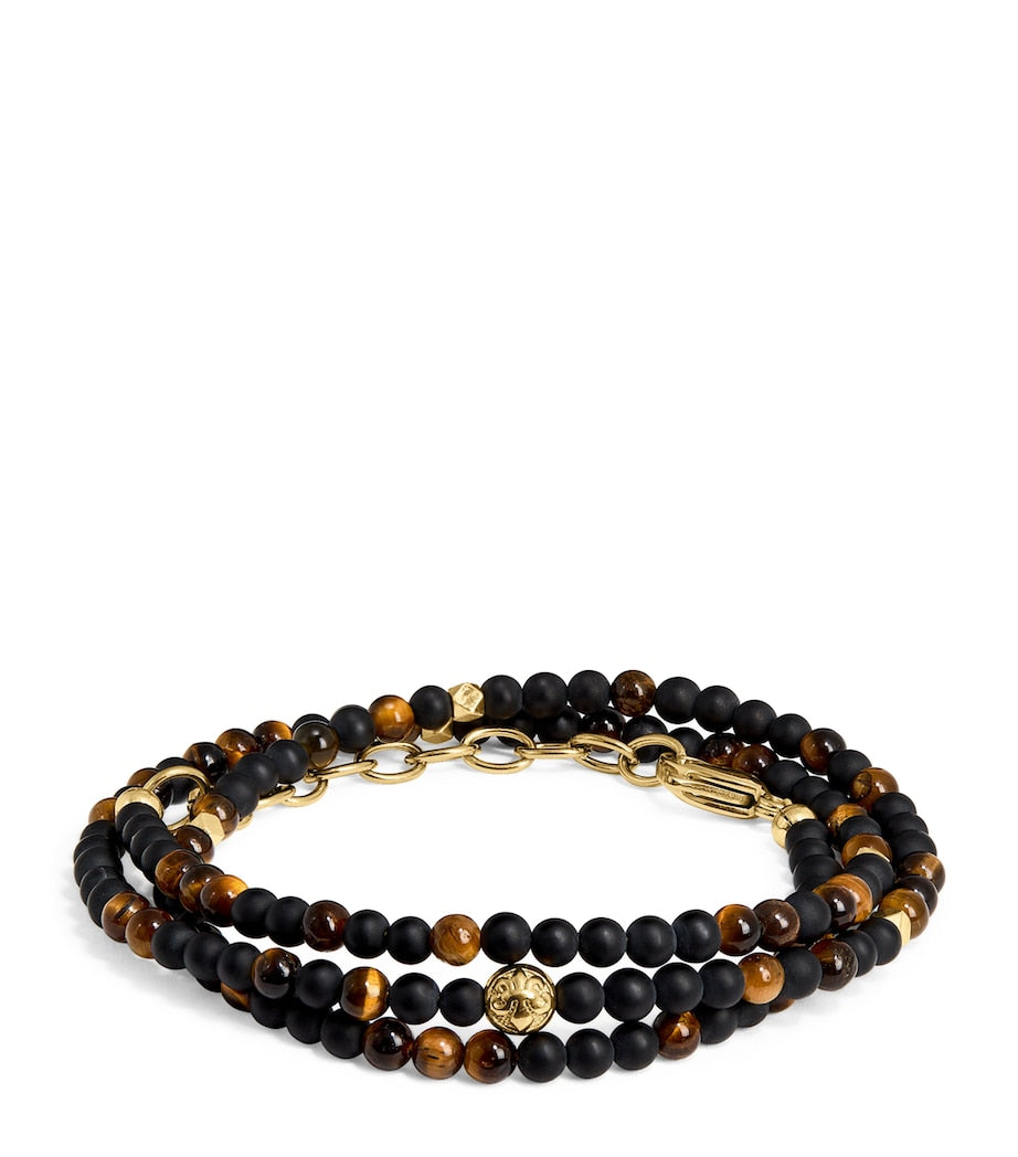 Gold-Plated Stainless Steel, Brown Tiger Eye and Matte Onyx Beaded Bracelet