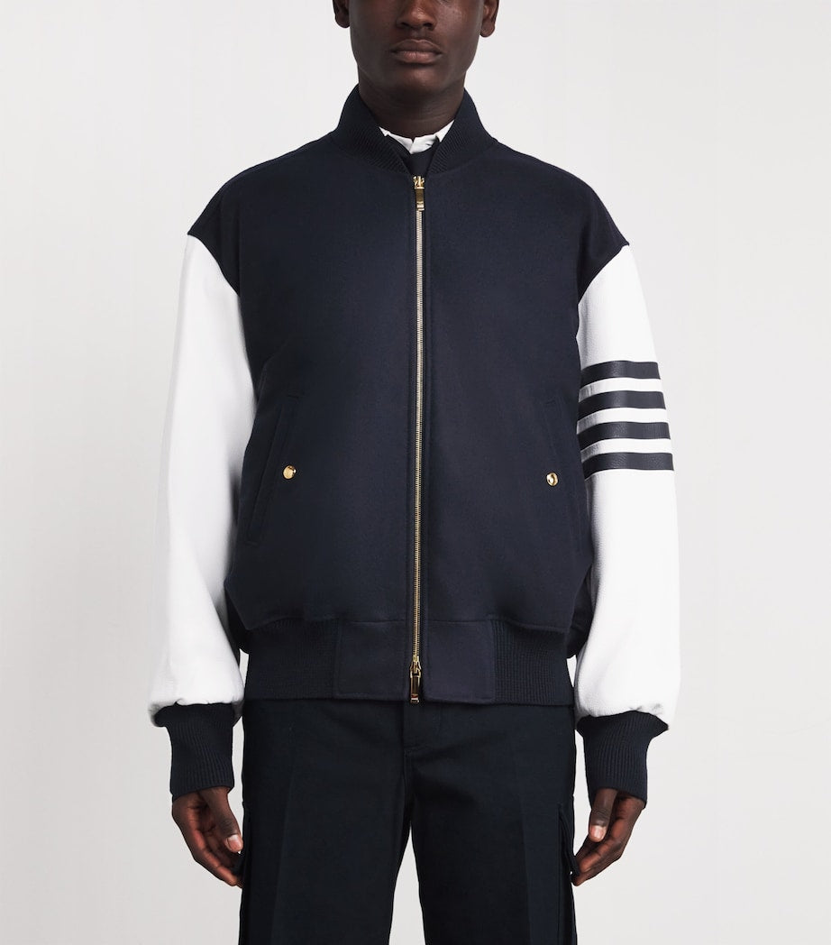 Thom Browne Navy Wool-Leather 4-Bar Oversized Bomber Jacket