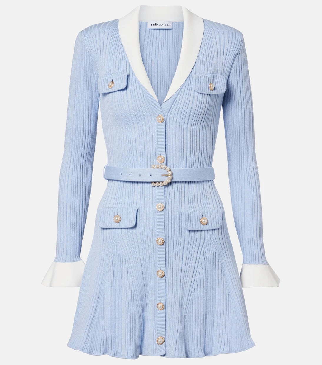 Self-Portrait - Belted ribbed-knit minidress