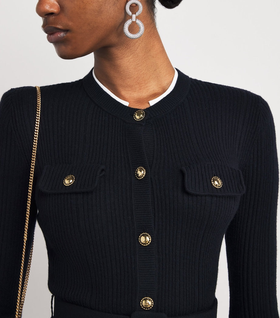 Self-Portrait Navy Rib-Knit Belted Midi Dress
