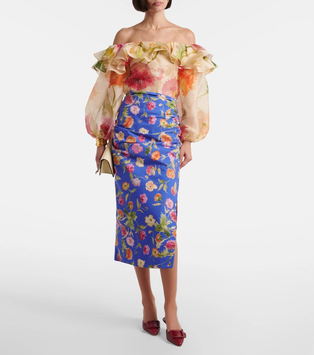 Carolina Herrera - Floral ruched cotton-blend midi skirt