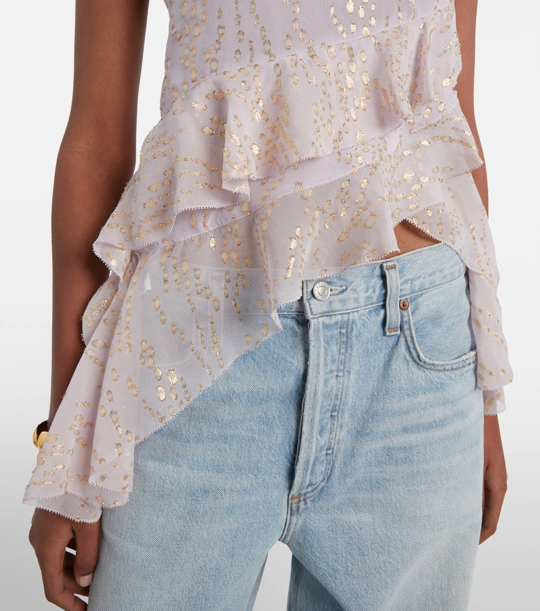 Jacques Wei - Printed ruffled asymmetric silk-blend top