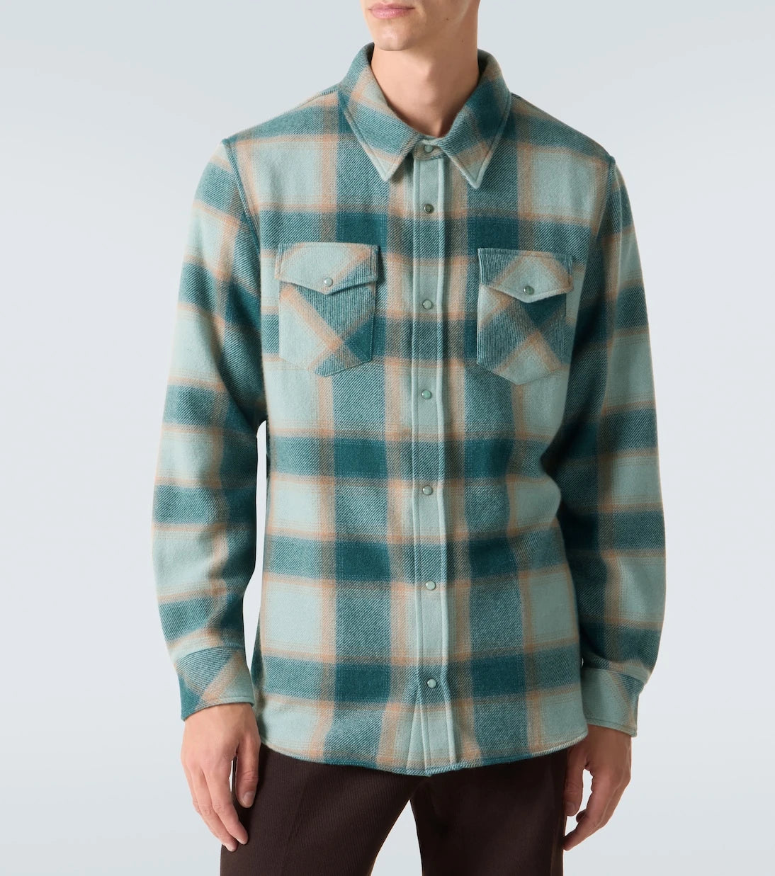 God's True Cashmere - Shadow plaid cashmere shirt with emerald