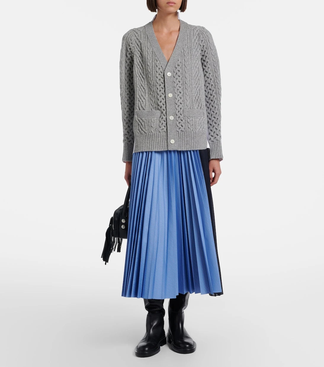 Sacai - Cable-knit wool and poplin cardigan