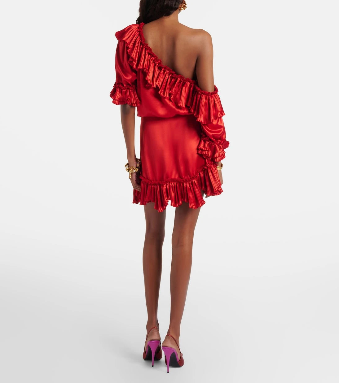Saint Laurent - Fırfırlı ipek saten mini elbise