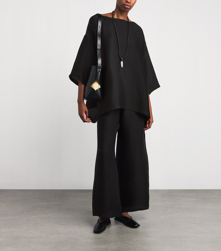 Eskandar Black Silk Plissé Scoop-Neck Top