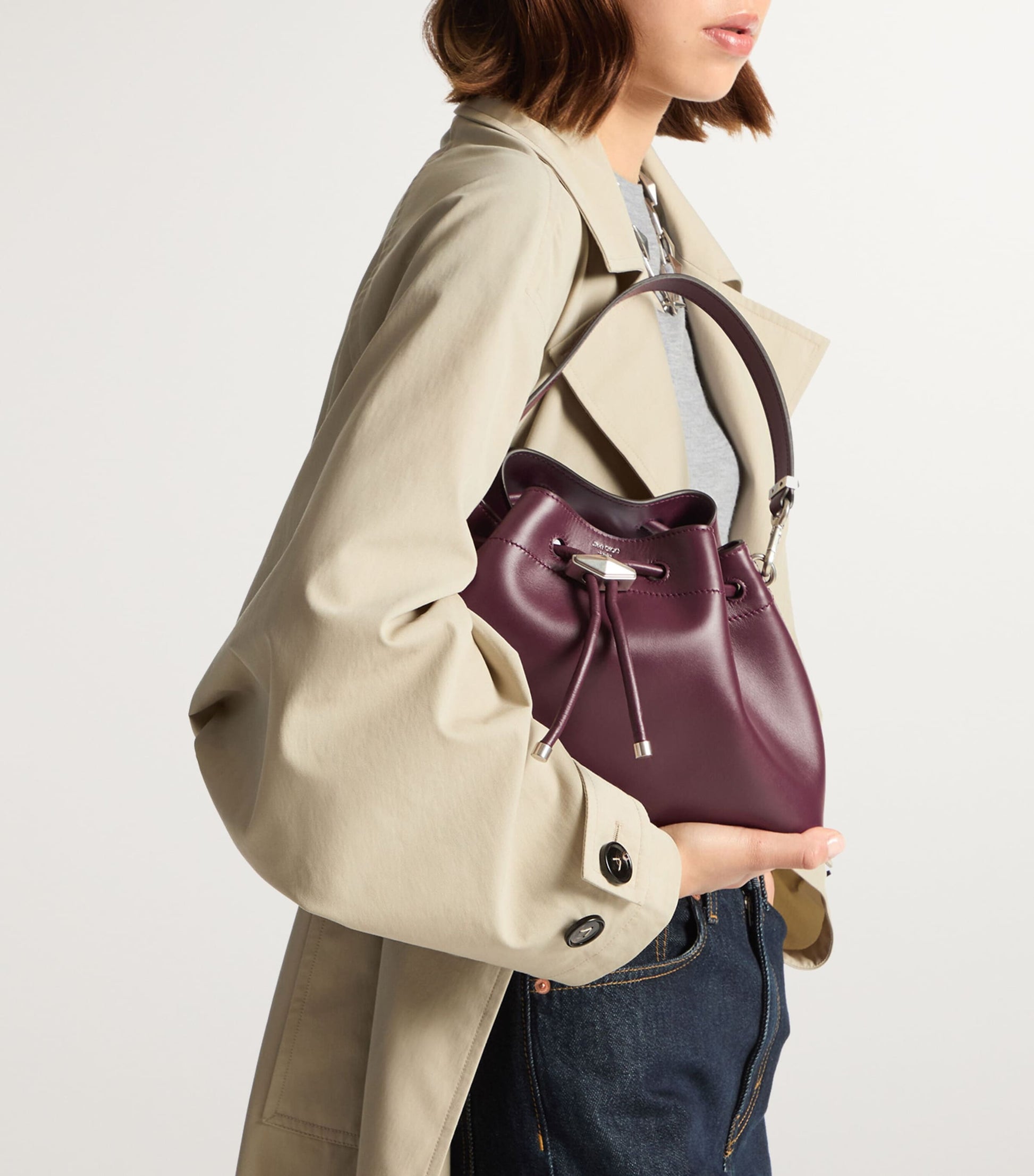 Red Medium Leather Cinch Bucket Bag