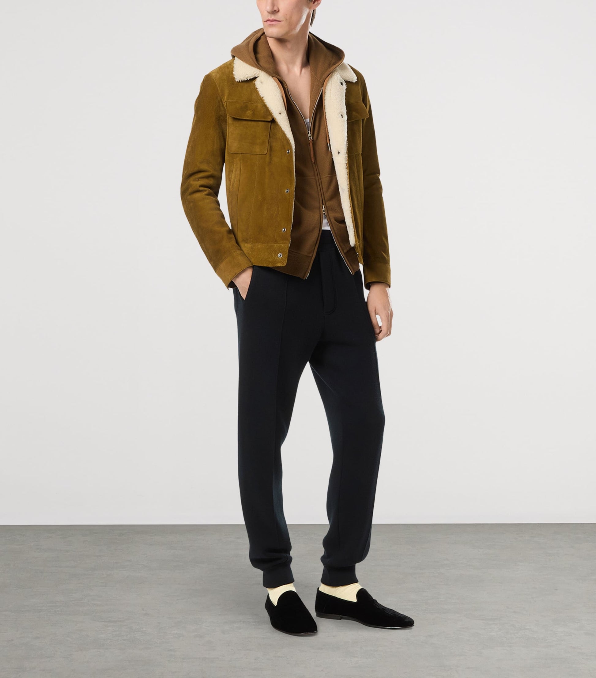 Brown Calf Leather Shearling-Trim Bomber Jacket