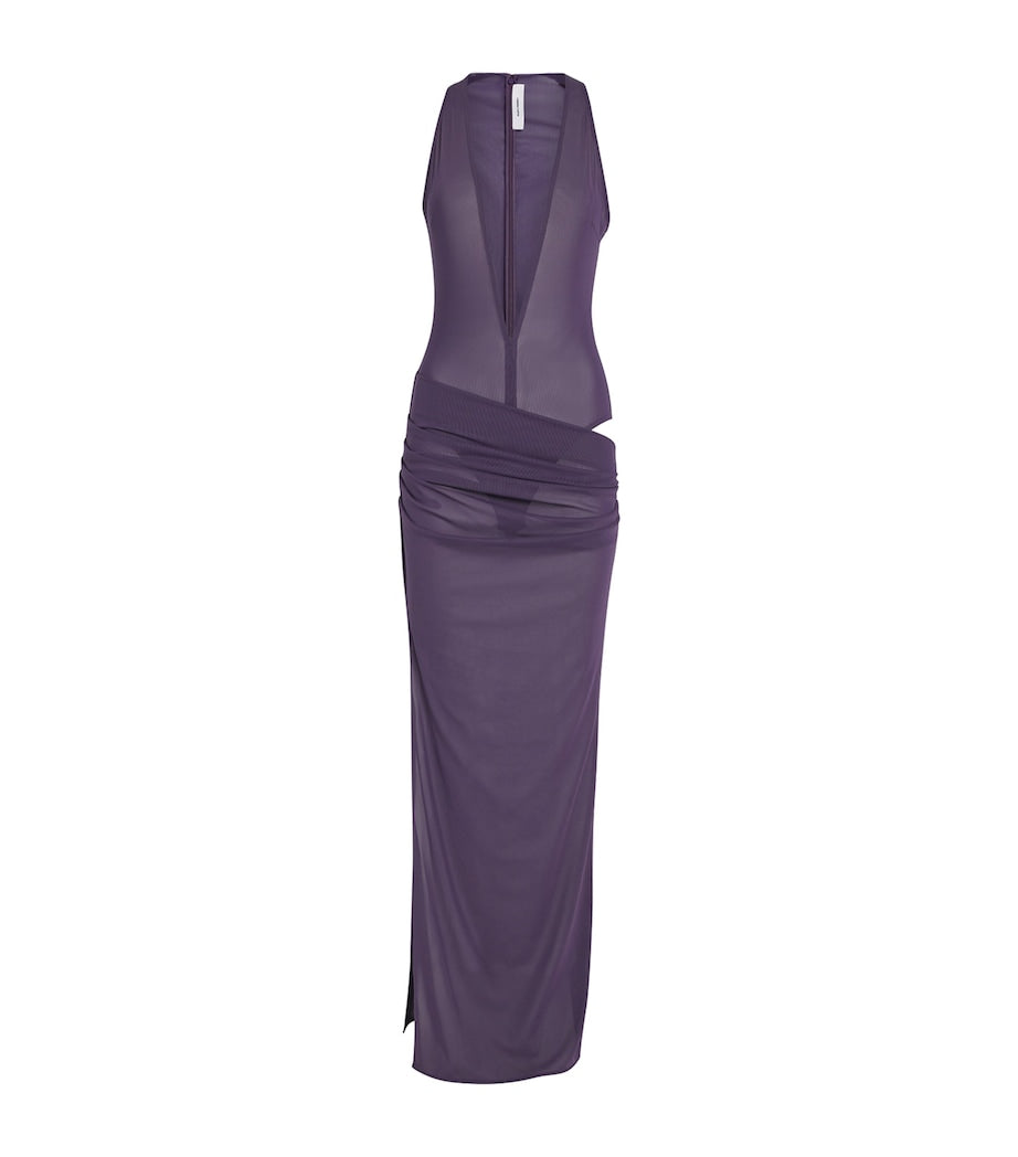 Purple Stretch-Mesh Maxi Dress