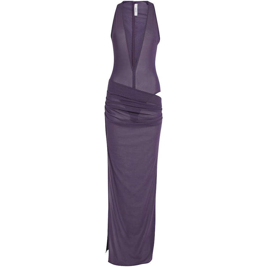 Purple Stretch-Mesh Maxi Dress