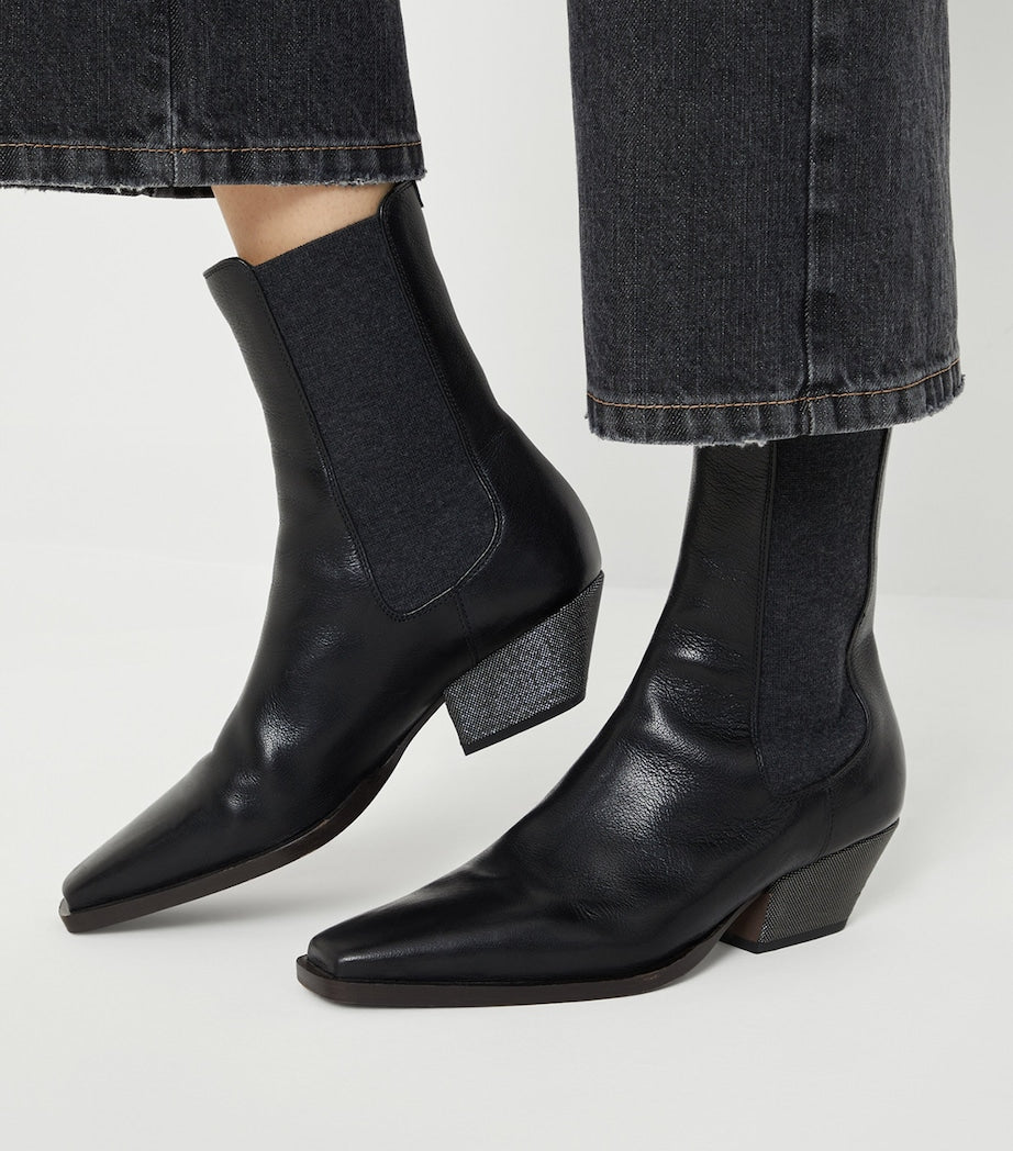 Brunello Cucinelli Black Leather Chelsea Heeled Boots 50