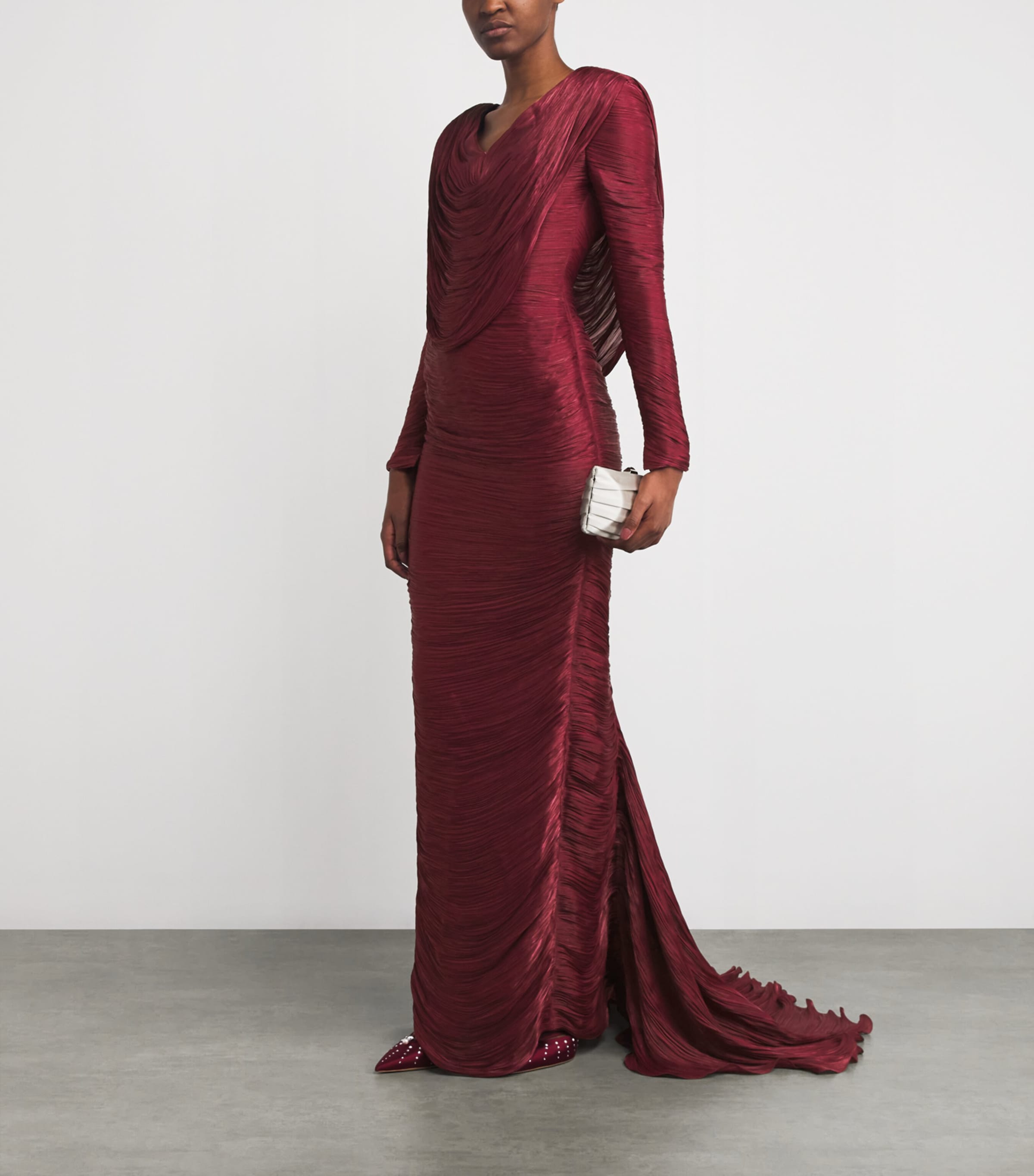 Marmar Halim Burgundy Ruched V-Neck Gown