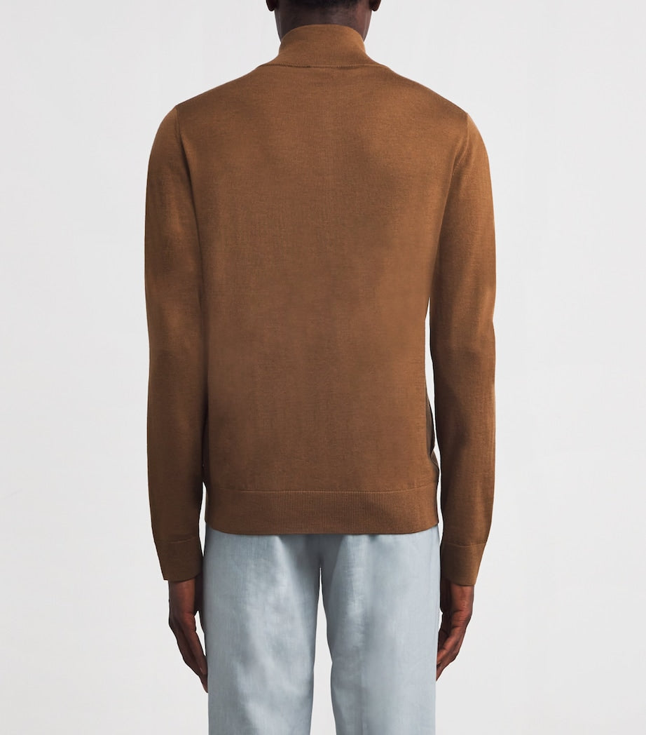 Pal Zileri Brown Wool Zip-Up Cardigan