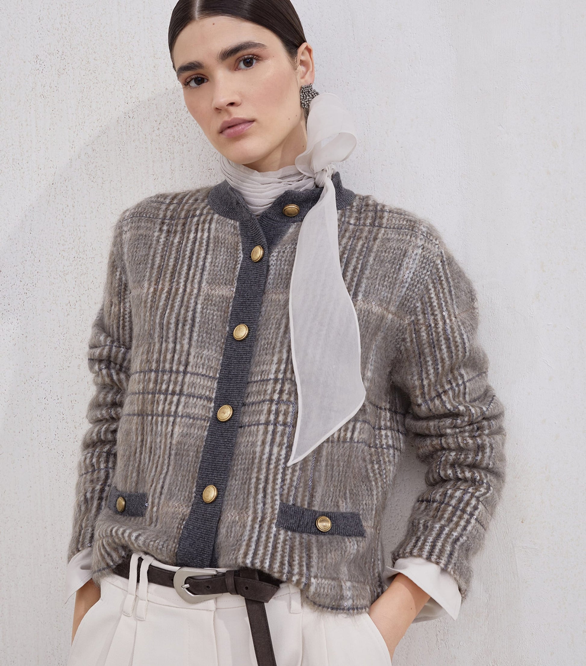 Brunello Cucinelli White Mohair, Virgin Wool and Cashmere Jacquard Cardigan