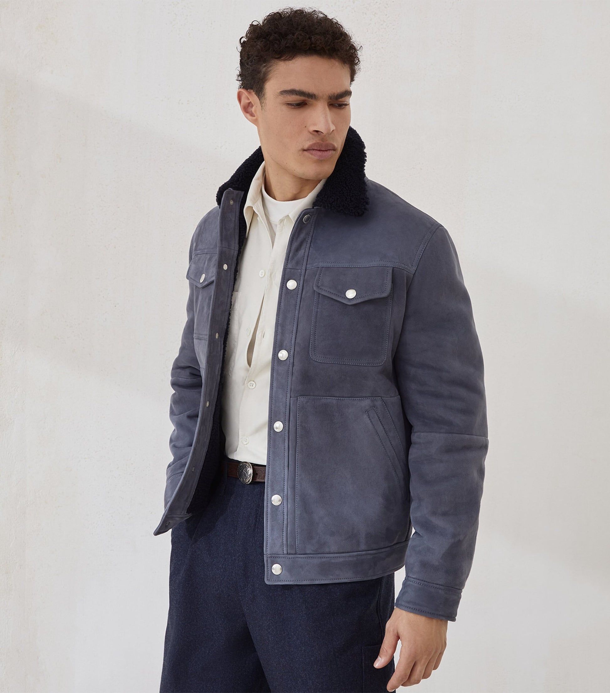 Brunello Cucinelli Blue Suede-Shearling Four-Pocket Jacket