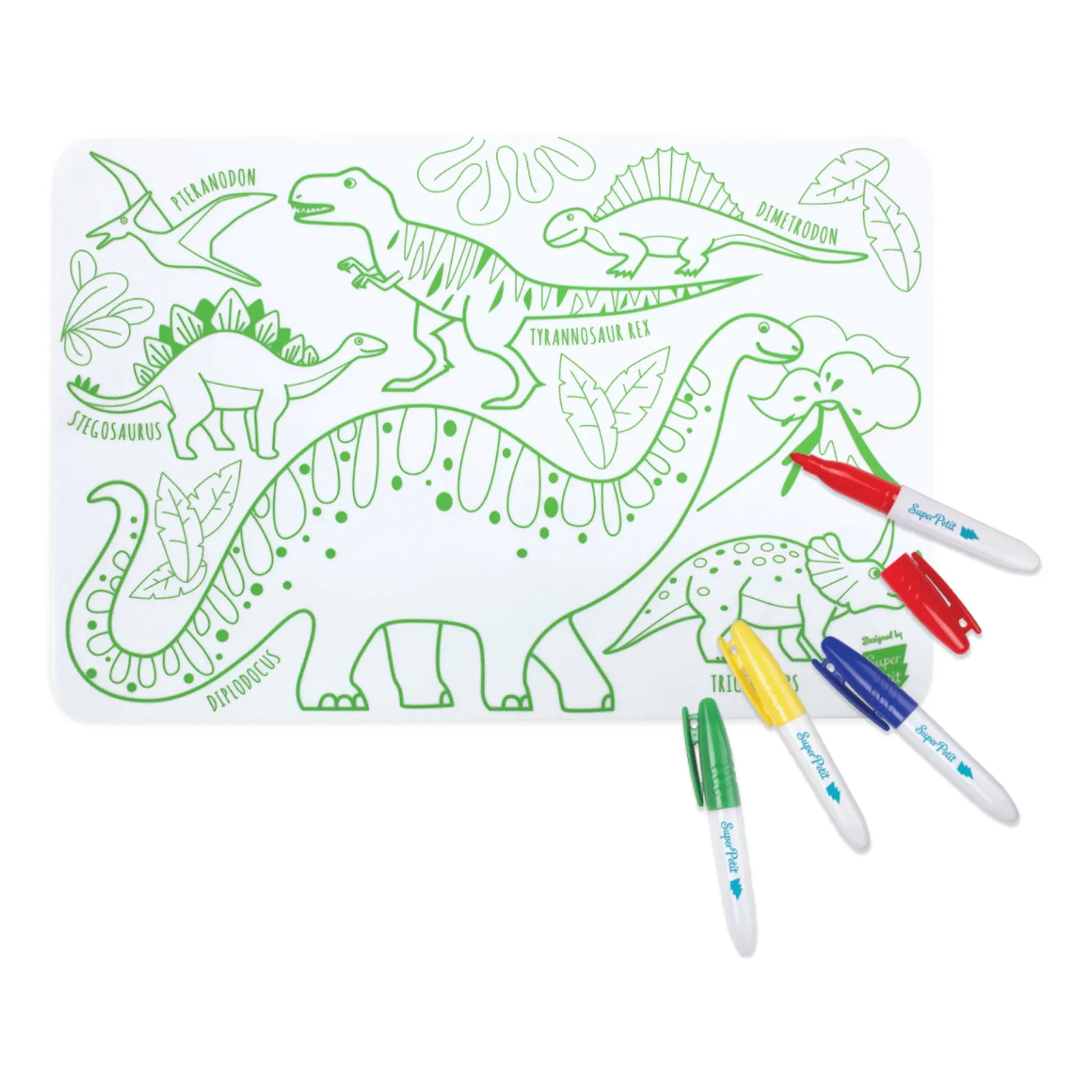 Superpetit - Mini Reversible Coloring Placemats With 4 Felt Pens - Dinosaur