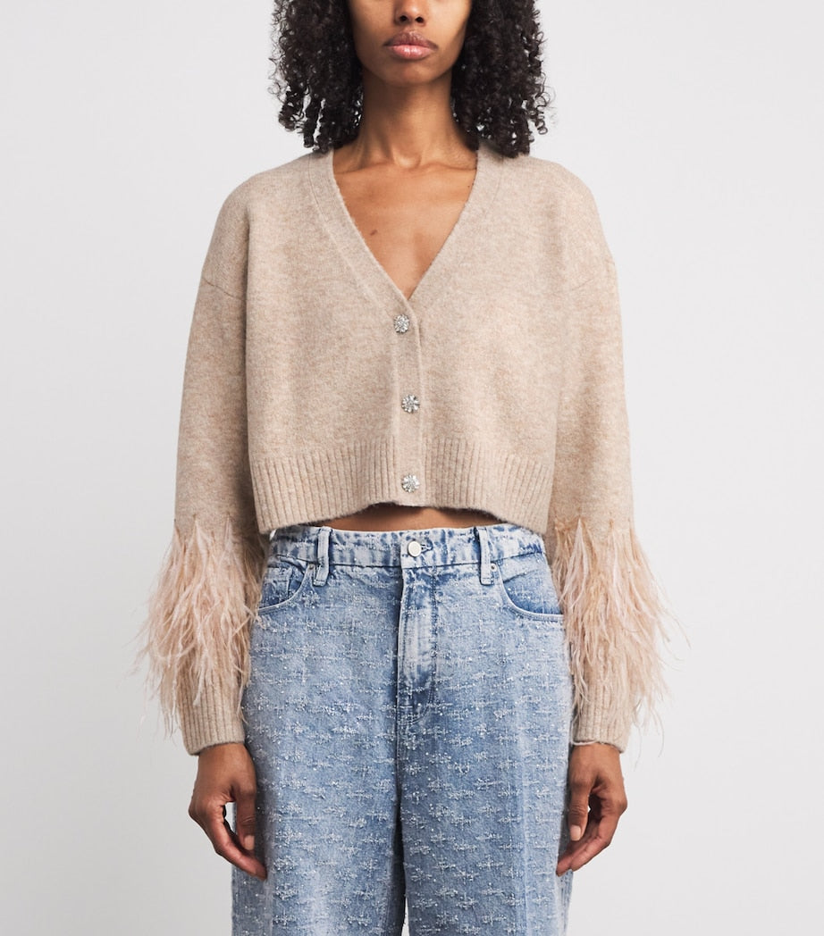 Cinq A Sept Beige Feather-Trim Bria Cardigan