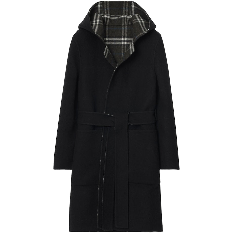 Burberry Black Wool Reversible Hooded Wrap Coat