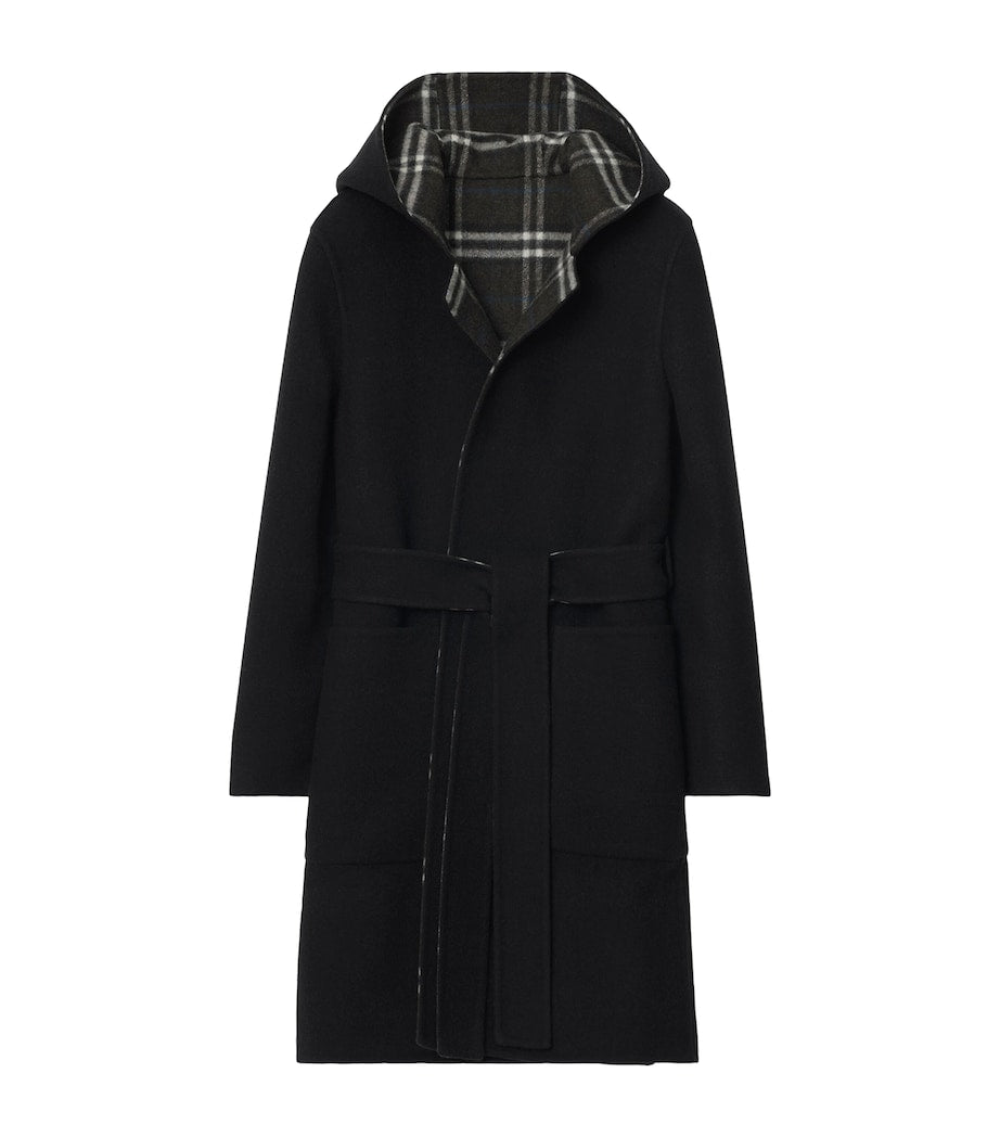 Burberry Black Wool Reversible Hooded Wrap Coat