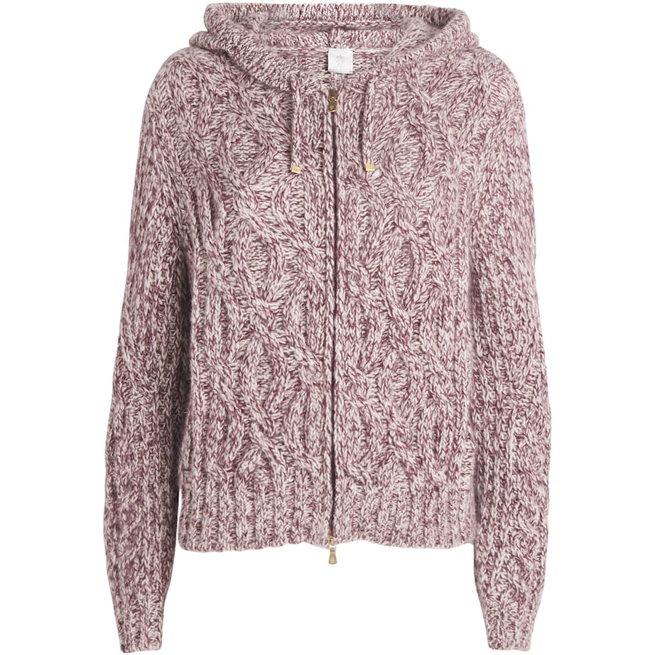 Eleventy Burgundy Wool-Blend Cable-Knit Zip-Up Hoodie
