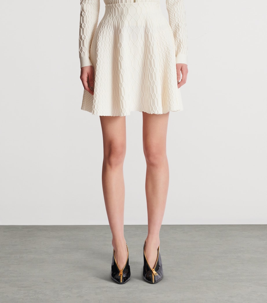 Balmain White Crocodile-Knit Flared Midi Skirt
