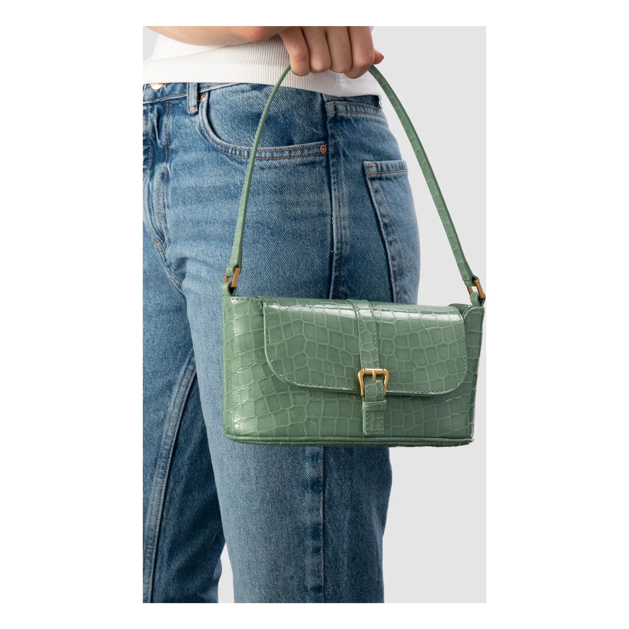 BY FAR - Miranda Baguette Crocodile Embossed Leather Bag | Mint Green