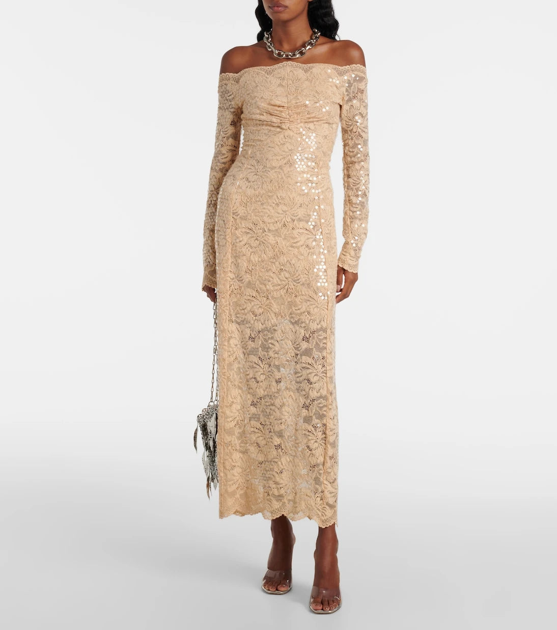 Rabanne - Sequined off-shoulder lace maxi dress