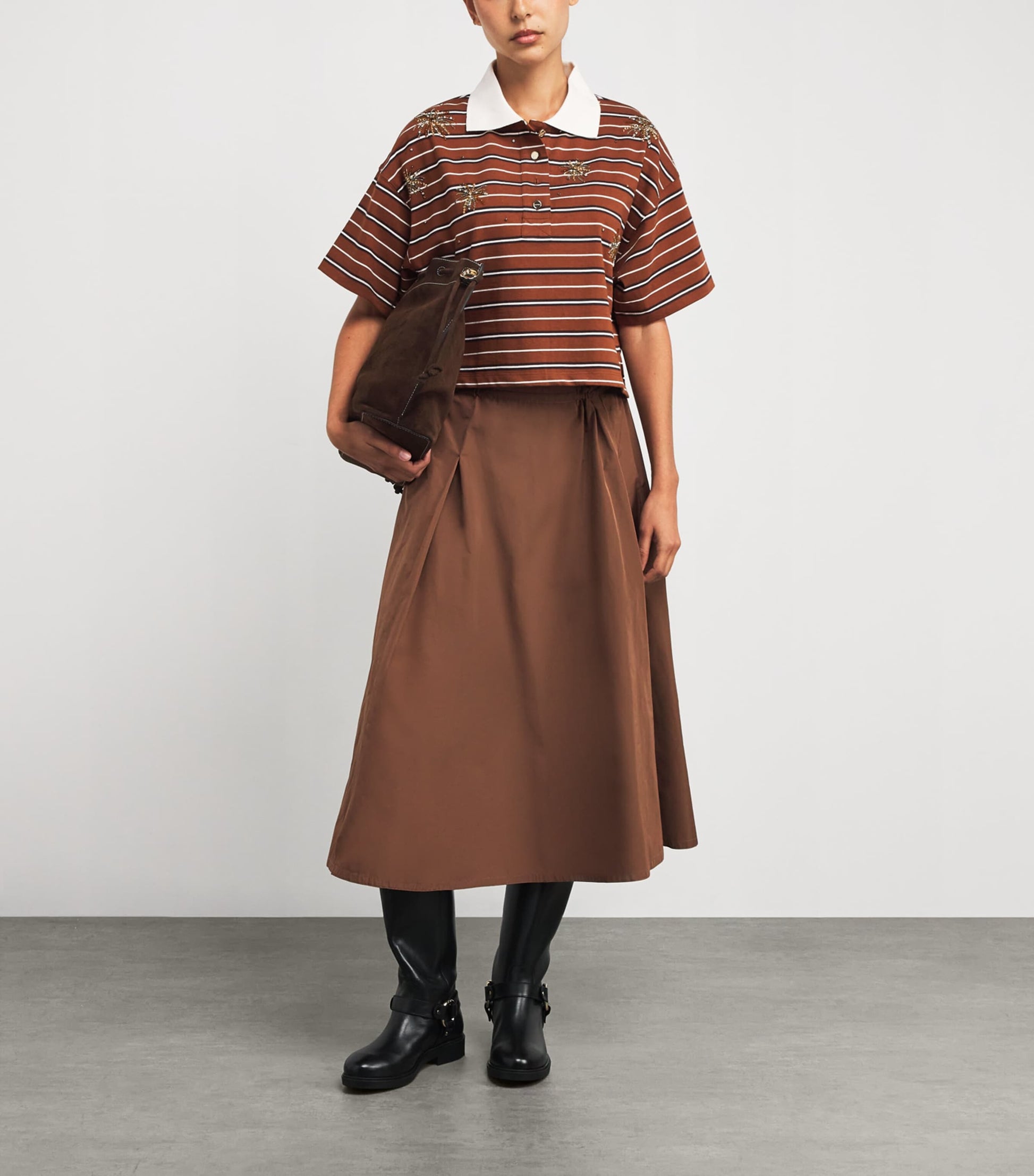 Brown Cotton Stripe Embellished Polo Shirt