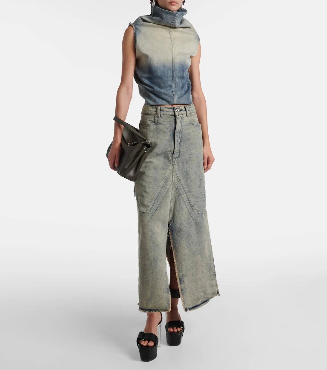 Rick Owens - Distressed denim maxi skirt